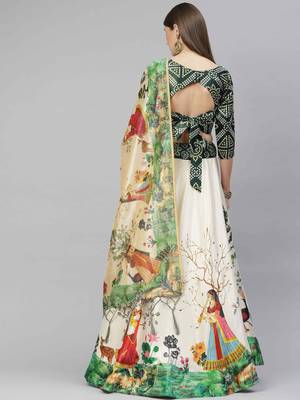 SHUBHKALA GREEN WHITE DIGITAL PRINTED ART SILK BRIDAL LEHENGA & Unstitched Blouse With Dupatta 2
