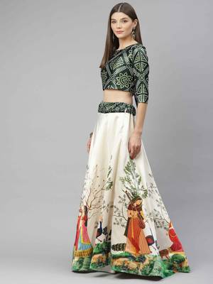 SHUBHKALA GREEN WHITE DIGITAL PRINTED ART SILK BRIDAL LEHENGA & Unstitched Blouse With Dupatta 3