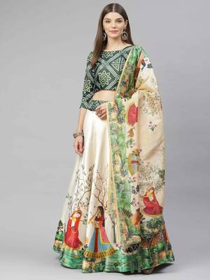 SHUBHKALA GREEN WHITE DIGITAL PRINTED ART SILK BRIDAL LEHENGA & Unstitched Blouse With Dupatta 4
