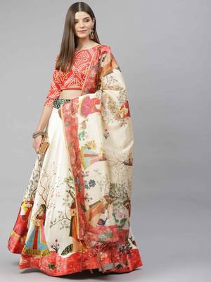 SHUBHKALA RED WHITE DIGITAL PRINTED ART SILK BRIDAL LEHENGA & Unstitched Blouse With Dupatta 1