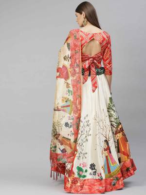 SHUBHKALA RED WHITE DIGITAL PRINTED ART SILK BRIDAL LEHENGA & Unstitched Blouse With Dupatta 2