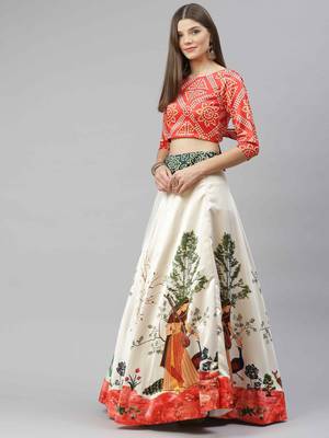 SHUBHKALA RED WHITE DIGITAL PRINTED ART SILK BRIDAL LEHENGA & Unstitched Blouse With Dupatta 3