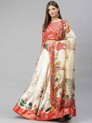 SHUBHKALA RED WHITE DIGITAL PRINTED ART SILK BRIDAL LEHENGA & Unstitched Blouse With Dupatta 4