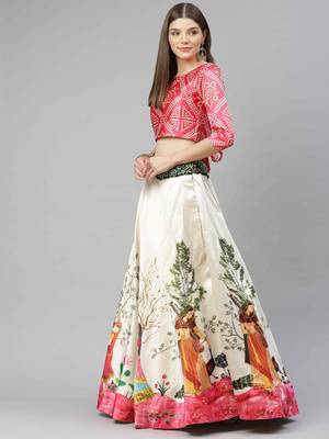 SHUBHKALA PINK WHITE DIGITAL PRINTED ART SILK BRIDAL LEHENGA & Unstitched Blouse With Dupatta 3