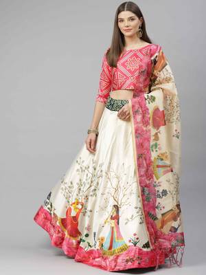 SHUBHKALA PINK WHITE DIGITAL PRINTED ART SILK BRIDAL LEHENGA & Unstitched Blouse With Dupatta 4