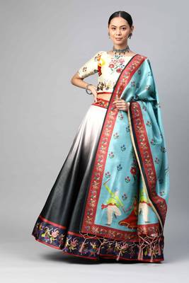 SHUBHKALA BLACK WHITE DIGITAL PRINTED ART SILK BRIDAL LEHENGA & Unstitched Blouse With Dupatta 1
