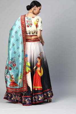 SHUBHKALA BLACK WHITE DIGITAL PRINTED ART SILK BRIDAL LEHENGA & Unstitched Blouse With Dupatta 2