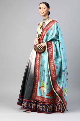 SHUBHKALA BLACK WHITE DIGITAL PRINTED ART SILK BRIDAL LEHENGA & Unstitched Blouse With Dupatta 3