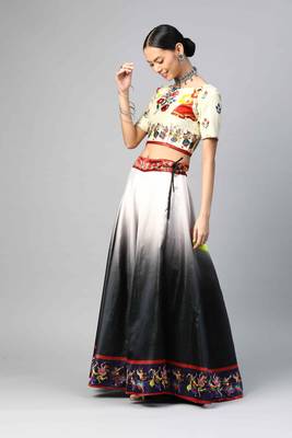 SHUBHKALA BLACK WHITE DIGITAL PRINTED ART SILK BRIDAL LEHENGA & Unstitched Blouse With Dupatta 4