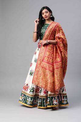 SHUBHKALA OFF WHITE DIGITAL PRINTED ART SILK BRIDAL LEHENGA & Unstitched Blouse With Dupatta 4