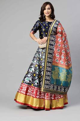 SHUBHKALA DARK BLUE DIGITAL PRINTED ART SILK BRIDAL LEHENGA & Unstitched Blouse With Dupatta 1