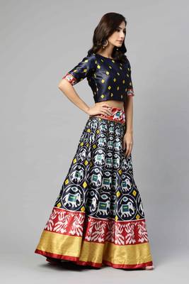 SHUBHKALA DARK BLUE DIGITAL PRINTED ART SILK BRIDAL LEHENGA & Unstitched Blouse With Dupatta 3