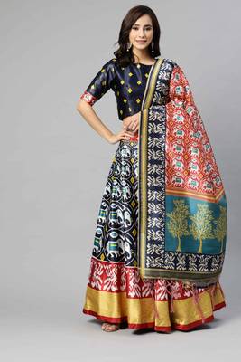 SHUBHKALA DARK BLUE DIGITAL PRINTED ART SILK BRIDAL LEHENGA & Unstitched Blouse With Dupatta 4