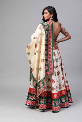 SHUBHKALA OFF WHITE DIGITAL PRINTED ART SILK BRIDAL LEHENGA & Unstitched Blouse With Dupatta 2