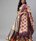SHUBHKALA OFF WHITE DIGITAL PRINTED ART SILK BRIDAL LEHENGA & Unstitched Blouse With Dupatta