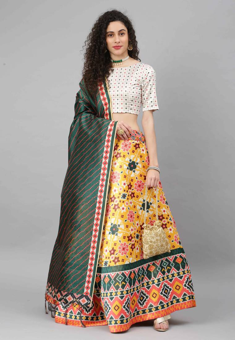SHUBHKALA YELLOW DIGITAL PRINTED ART SILK BRIDAL LEHENGA & Unstitched Blouse With Dupatta