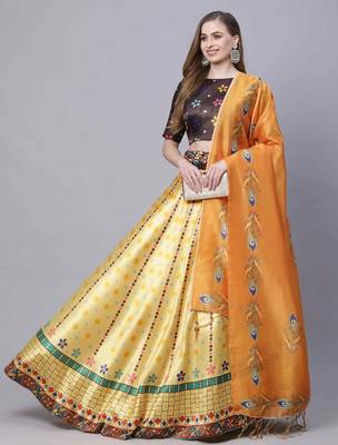 SHUBHKALA YELLOW DIGITAL PRINTED ART SILK BRIDAL LEHENGA & Unstitched Blouse With Dupatta 1