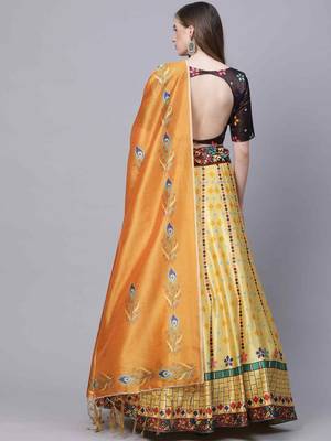 SHUBHKALA YELLOW DIGITAL PRINTED ART SILK BRIDAL LEHENGA & Unstitched Blouse With Dupatta 2