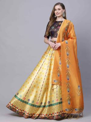 SHUBHKALA YELLOW DIGITAL PRINTED ART SILK BRIDAL LEHENGA & Unstitched Blouse With Dupatta 5