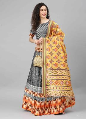 SHUBHKALA BLACK DIGITAL PRINTED ART SILK BRIDAL LEHENGA & Unstitched Blouse With Dupatta 1