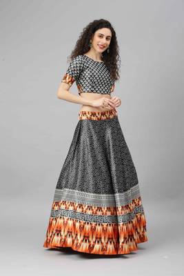 SHUBHKALA BLACK DIGITAL PRINTED ART SILK BRIDAL LEHENGA & Unstitched Blouse With Dupatta 4