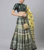 SHUBHKALA DARK GREEN DIGITAL PRINTED ART SILK BRIDAL LEHENGA & Unstitched Blouse With Dupatta