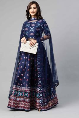 SHUBHKALA NAVY BLUE DIGITAL PRINTED ART SILK BRIDAL LEHENGA & Unstitched Blouse With Dupatta 1