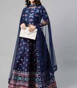 SHUBHKALA NAVY BLUE DIGITAL PRINTED ART SILK BRIDAL LEHENGA & Unstitched Blouse With Dupatta