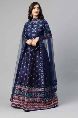 SHUBHKALA NAVY BLUE DIGITAL PRINTED ART SILK BRIDAL LEHENGA & Unstitched Blouse With Dupatta 4