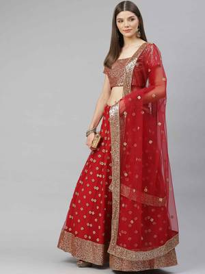 Shubhkala Tempting Red Sequins Embroidered Net Semi Stitched Bridal Lehenga 1