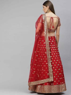 Shubhkala Tempting Red Sequins Embroidered Net Semi Stitched Bridal Lehenga 2