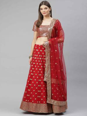 Shubhkala Tempting Red Sequins Embroidered Net Semi Stitched Bridal Lehenga 4