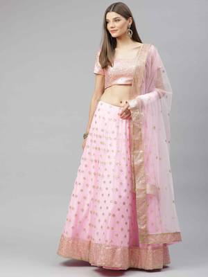 Shubhkala Pleasant Pink Sequins Embroidered Net Semi Stitched Lehenga Choli 4