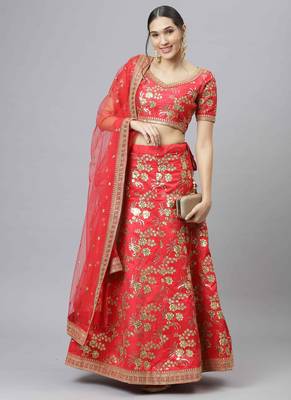 Shubhkala Pleseant Red Embroidered Thai Silk Semi Stitched Wedding Lehenga 1
