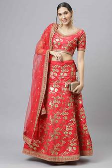 Shubhkala Pleseant Red Embroidered Thai Silk Semi Stitched Wedding Lehenga