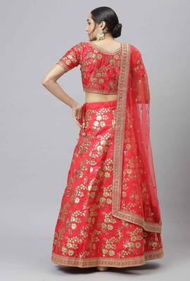 Shubhkala Pleseant Red Embroidered Thai Silk Semi Stitched Wedding Lehenga 2