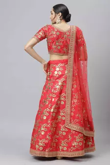 Shubhkala Pleseant Red Embroidered Thai Silk Semi Stitched Wedding Lehenga