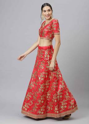 Shubhkala Pleseant Red Embroidered Thai Silk Semi Stitched Wedding Lehenga 3