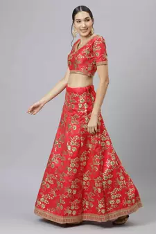 Shubhkala Pleseant Red Embroidered Thai Silk Semi Stitched Wedding Lehenga