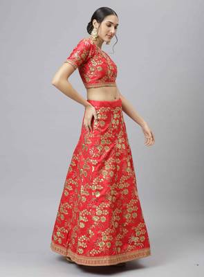 Shubhkala Pleseant Red Embroidered Thai Silk Semi Stitched Wedding Lehenga 4