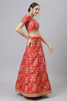 Shubhkala Pleseant Red Embroidered Thai Silk Semi Stitched Wedding Lehenga