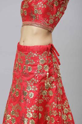 Shubhkala Pleseant Red Embroidered Thai Silk Semi Stitched Wedding Lehenga 5