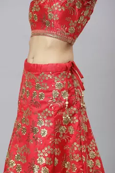 Shubhkala Pleseant Red Embroidered Thai Silk Semi Stitched Wedding Lehenga