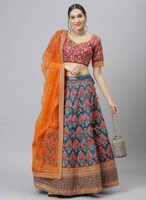 Shubhkala Navy Blue Thread Dori Zari And Sequins Embroidered With Stonework Mulberry Silk Semi Stitched Party Lehenga 1