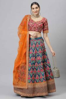 Shubhkala Navy Blue Thread Dori Zari And Sequins Embroidered With Stonework Mulberry Silk Semi Stitched Party Lehenga