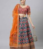 Shubhkala Navy Blue Thread Dori Zari And Sequins Embroidered With Stonework Mulberry Silk Semi Stitched Party Lehenga