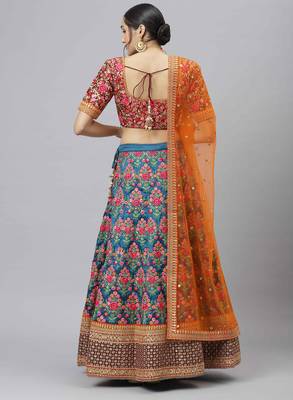 Shubhkala Navy Blue Thread Dori Zari And Sequins Embroidered With Stonework Mulberry Silk Semi Stitched Party Lehenga 2