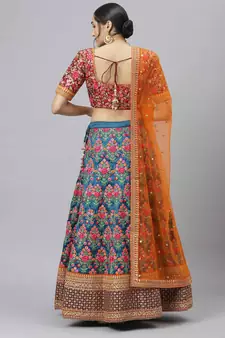 Shubhkala Navy Blue Thread Dori Zari And Sequins Embroidered With Stonework Mulberry Silk Semi Stitched Party Lehenga
