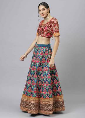 Shubhkala Navy Blue Thread Dori Zari And Sequins Embroidered With Stonework Mulberry Silk Semi Stitched Party Lehenga 3