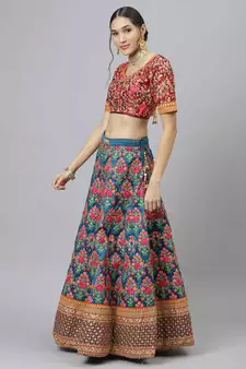 Shubhkala Navy Blue Thread Dori Zari And Sequins Embroidered With Stonework Mulberry Silk Semi Stitched Party Lehenga
